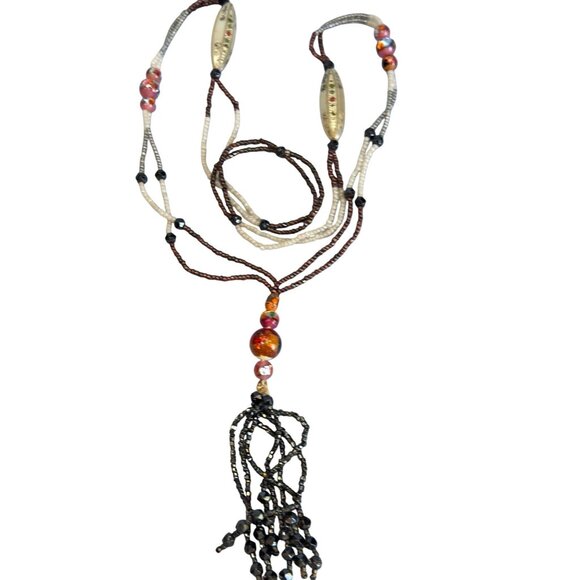 Unbranded Jewelry - Vintage Beaded Tassel Necklace Multicolor Glass Beads MOP Boho Chic Style